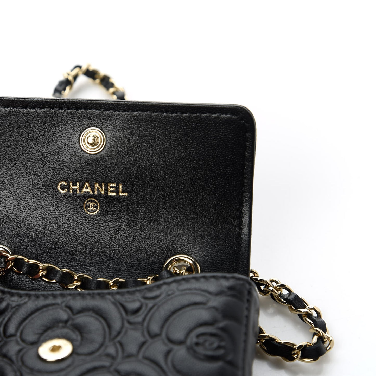 Caviar Camellia Embossed Chain Belt Bag Black