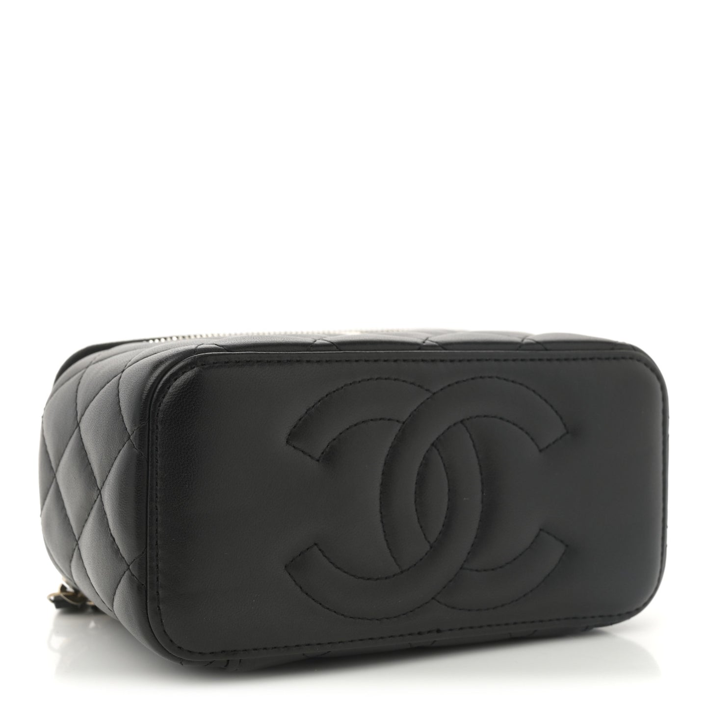 Lambskin Quilted Small Top Handle Vanity Case With Chain Black