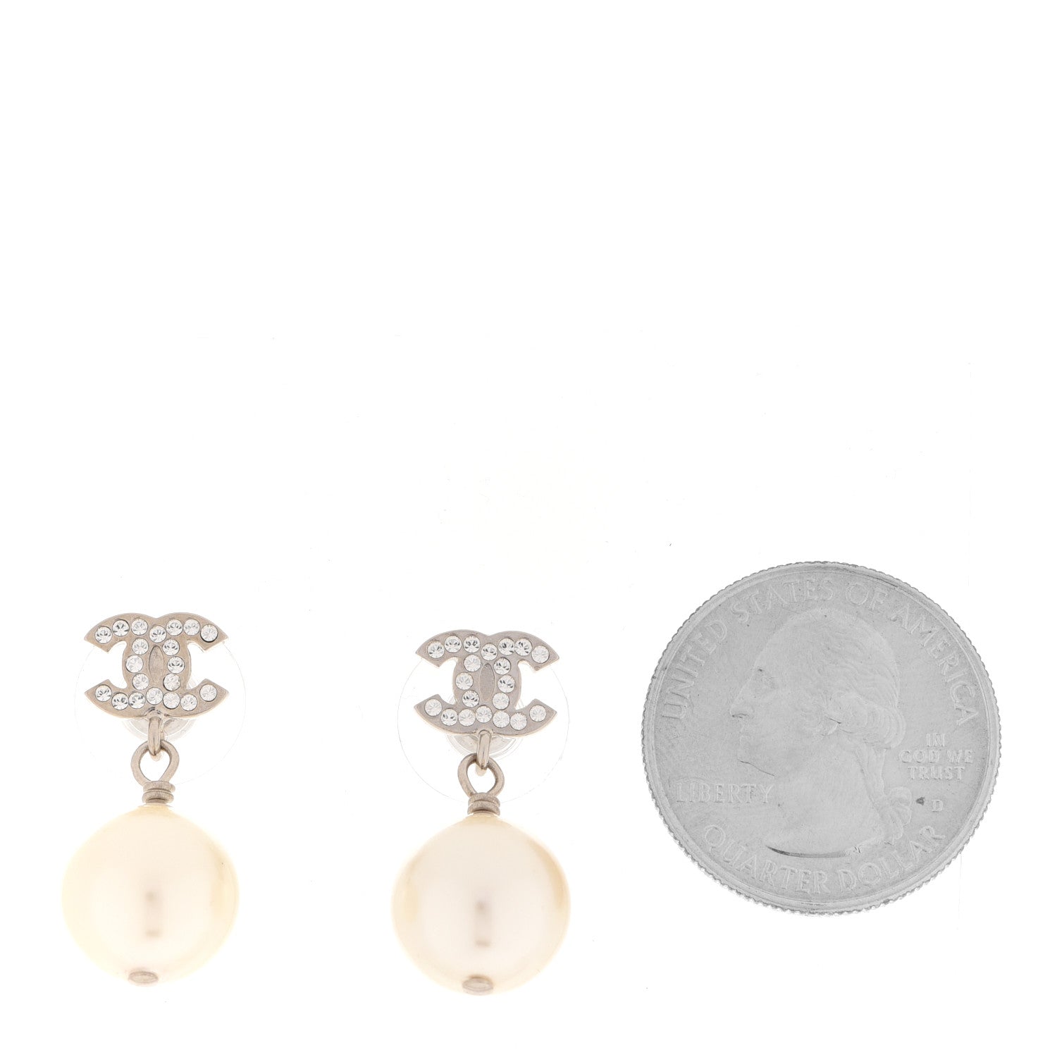 Chanel Crystal Pearl CC Drop Earrings Silver 2 of 5