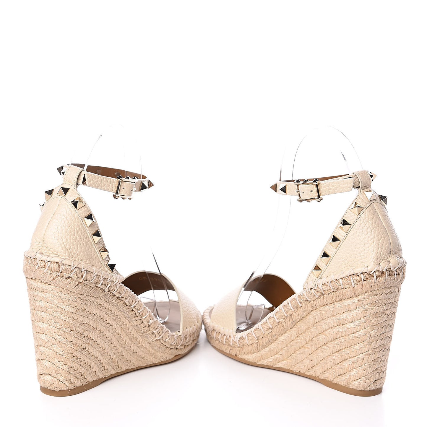 Grained Calfskin Rockstud Ankle Strap Espadrille 15/105mm Wedge Sandals 36 Light Ivory Natural
