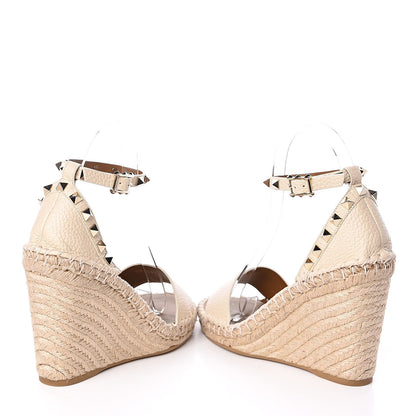 Valentino Garavani Grained Calfskin Rockstud Ankle Strap Espadrille 15/105mm Wedge Sandals 36 Light Ivory Natural 6 of 12