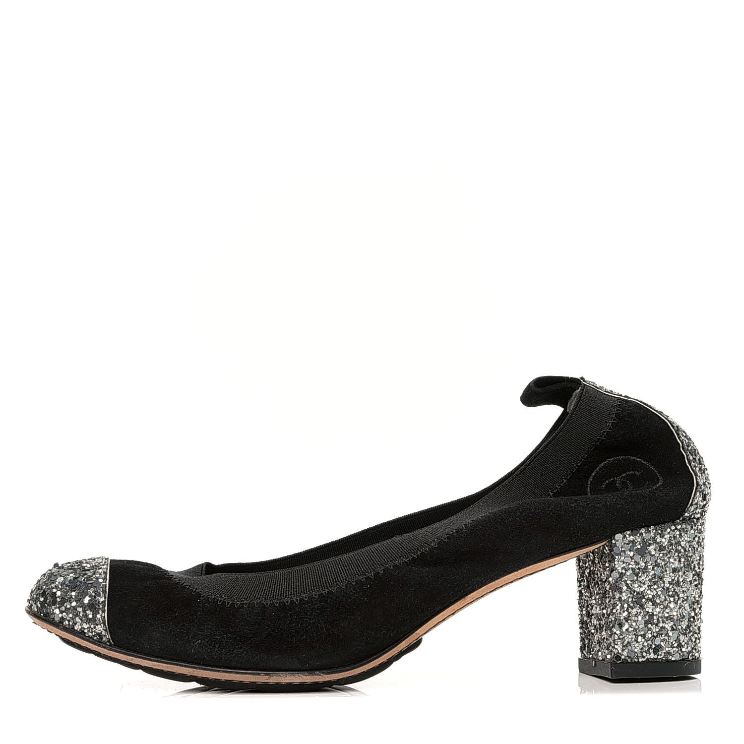 Chanel Suede Glitter Cap Toe CC Elastic Stretch Pumps 36.5 Black 1 of 6