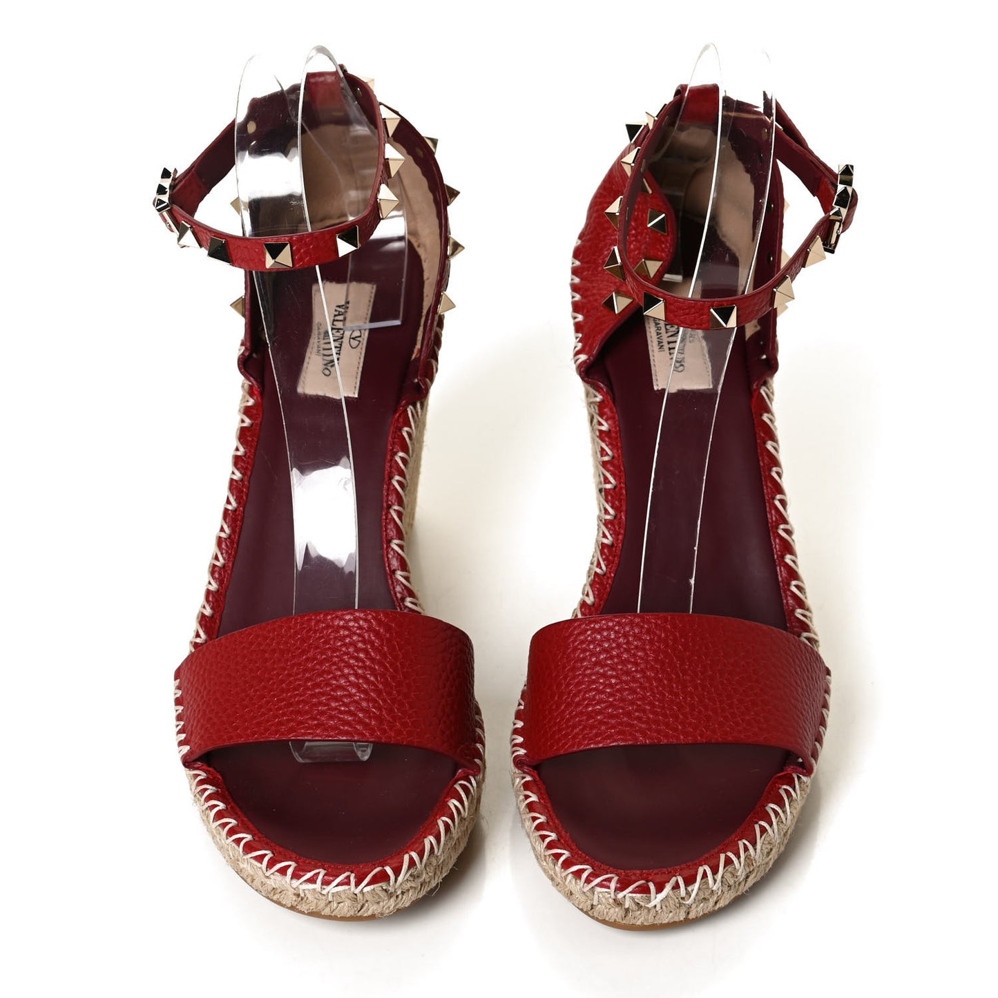 Grained Calfskin Rockstud Ankle Strap Espadrille 15/105mm Wedge Sandals 41 Rosso Valentino Natural