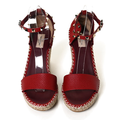 Valentino Garavani Grained Calfskin Rockstud Ankle Strap Espadrille 15/105mm Wedge Sandals 41 Rosso Valentino Natural 5 of 11