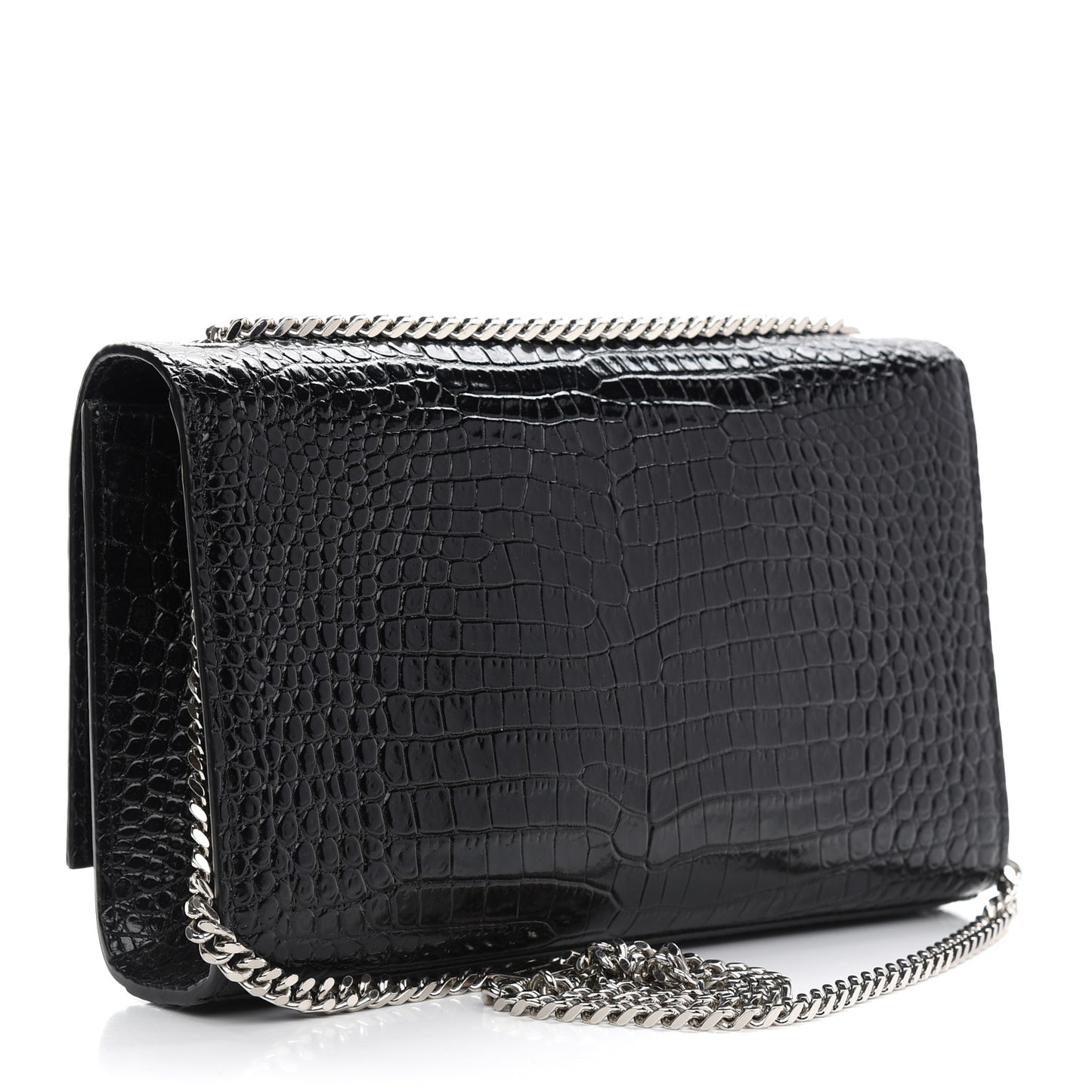 Calfskin Crocodile Embossed Medium Classic Monogram Kate Tassel Satchel Black