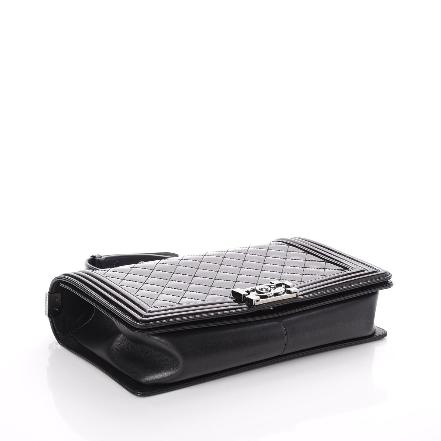 Patent Calfskin Quilted New Medium Plexiglass Boy Flap Black