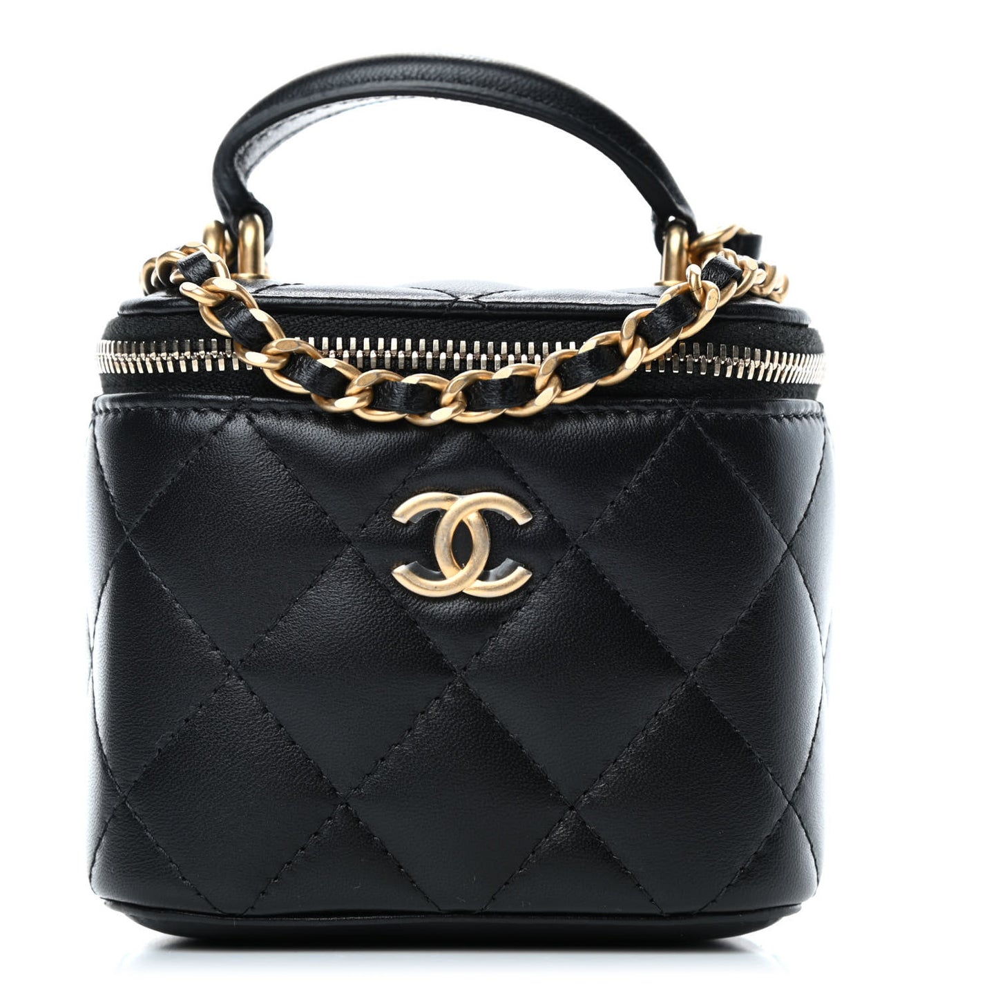 Lambskin Quilted Top Handle Mini Vanity Case With Chain Black