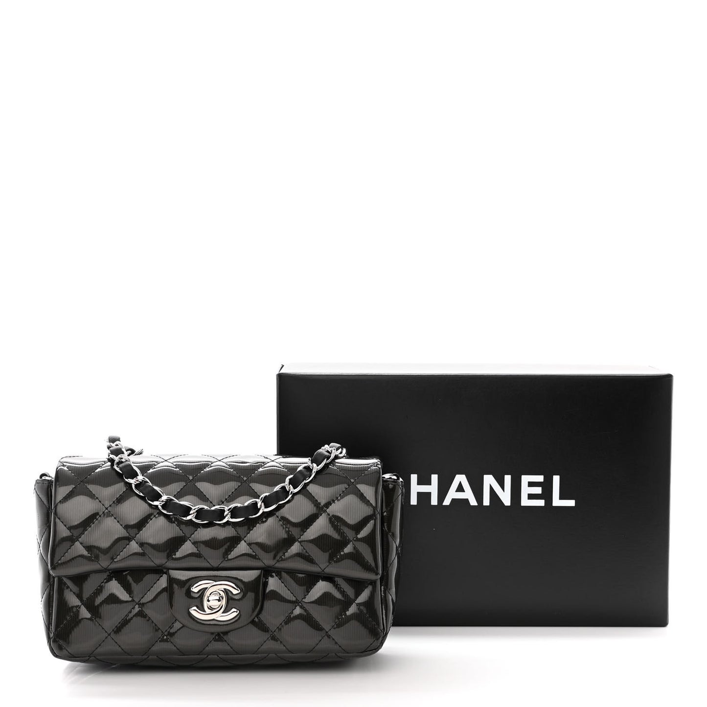 Striated Patent Quilted Mini Rectangular Flap Black