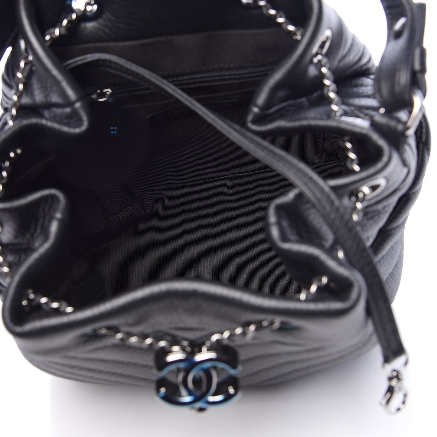 Deerskin Chevron Small CC Chain Bucket Bag Black