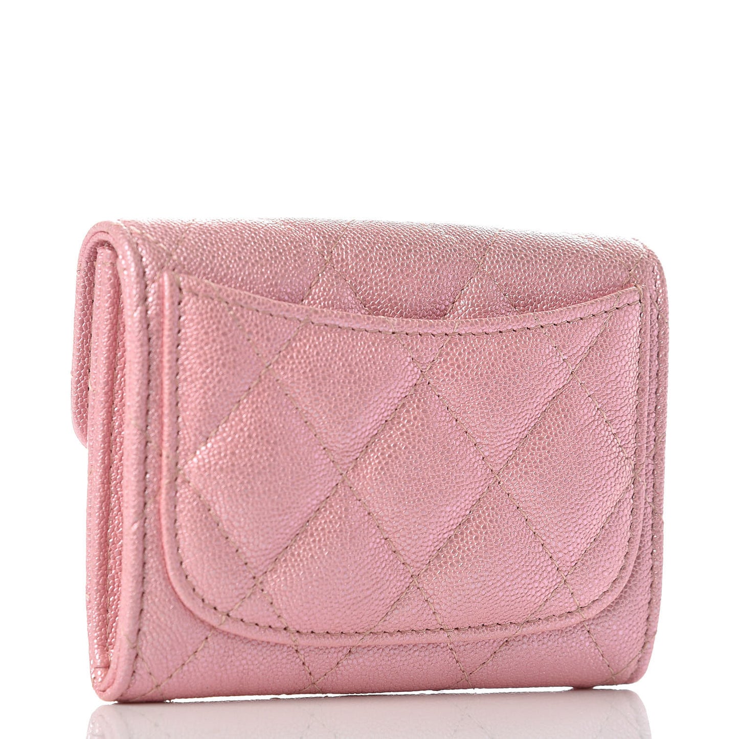 Iridescent Caviar Flap Quilted Card Holder Wallet Pink
