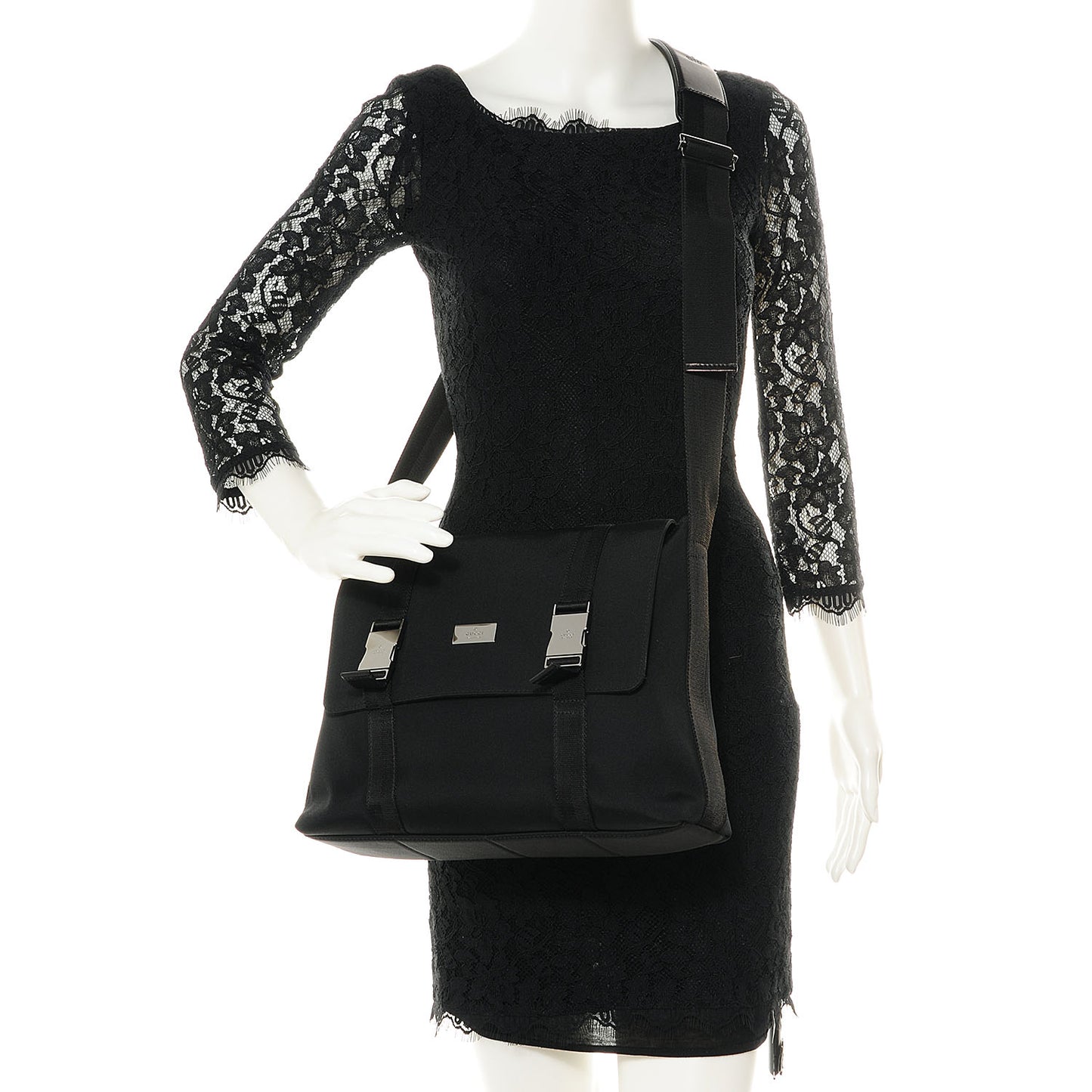 Nylon Medium Double Buckle Flap Messenger Bag Black