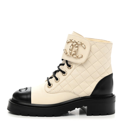 Chanel Shiny Goatskin Calfskin Quilted Lace Up Combat Boots 35.5 Ivory Black 1 of 10