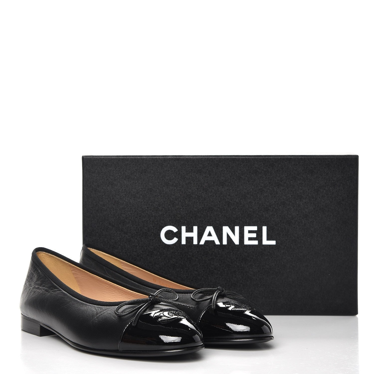 Chanel Lambskin Patent Cap Toe Ballerina Flats 39.5 Black 240182
