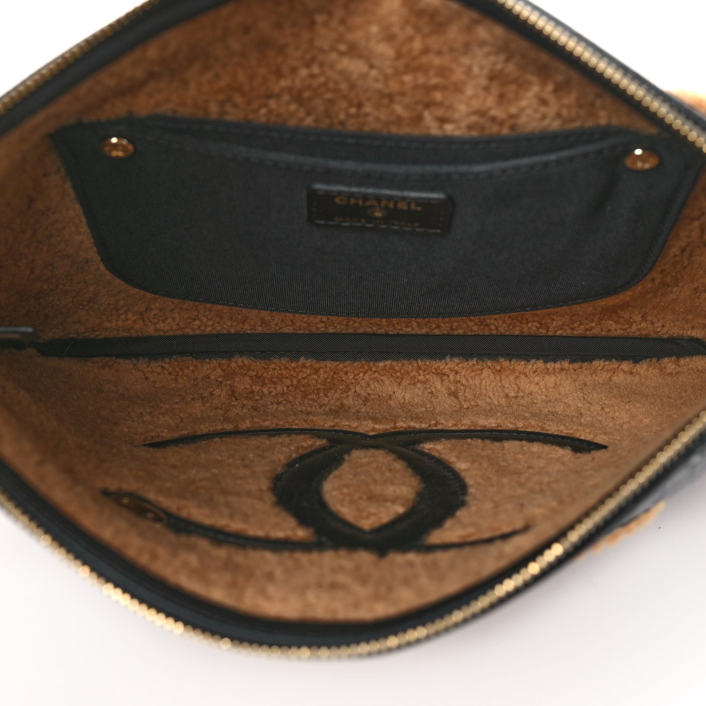 Shiny Crumpled Sheepskin Shearling CC Mania Zip Pouch Black Beige