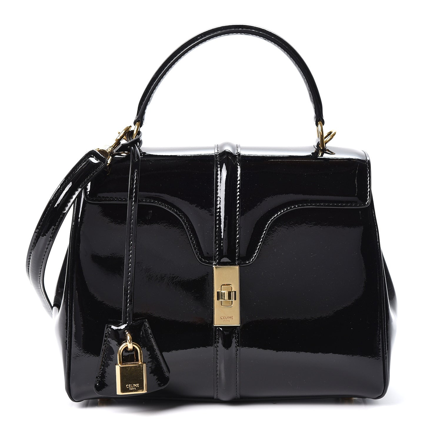 Patent Calfskin Small 16 Top Handle Bag Black