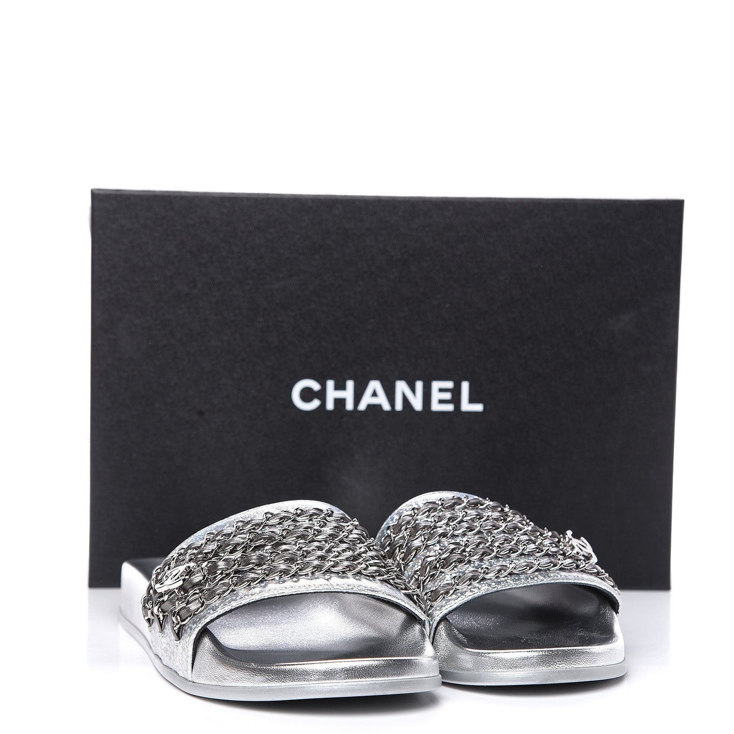 Chanel Metallic Lambskin Chain Flat Sandals 38 Silver 11 of 11