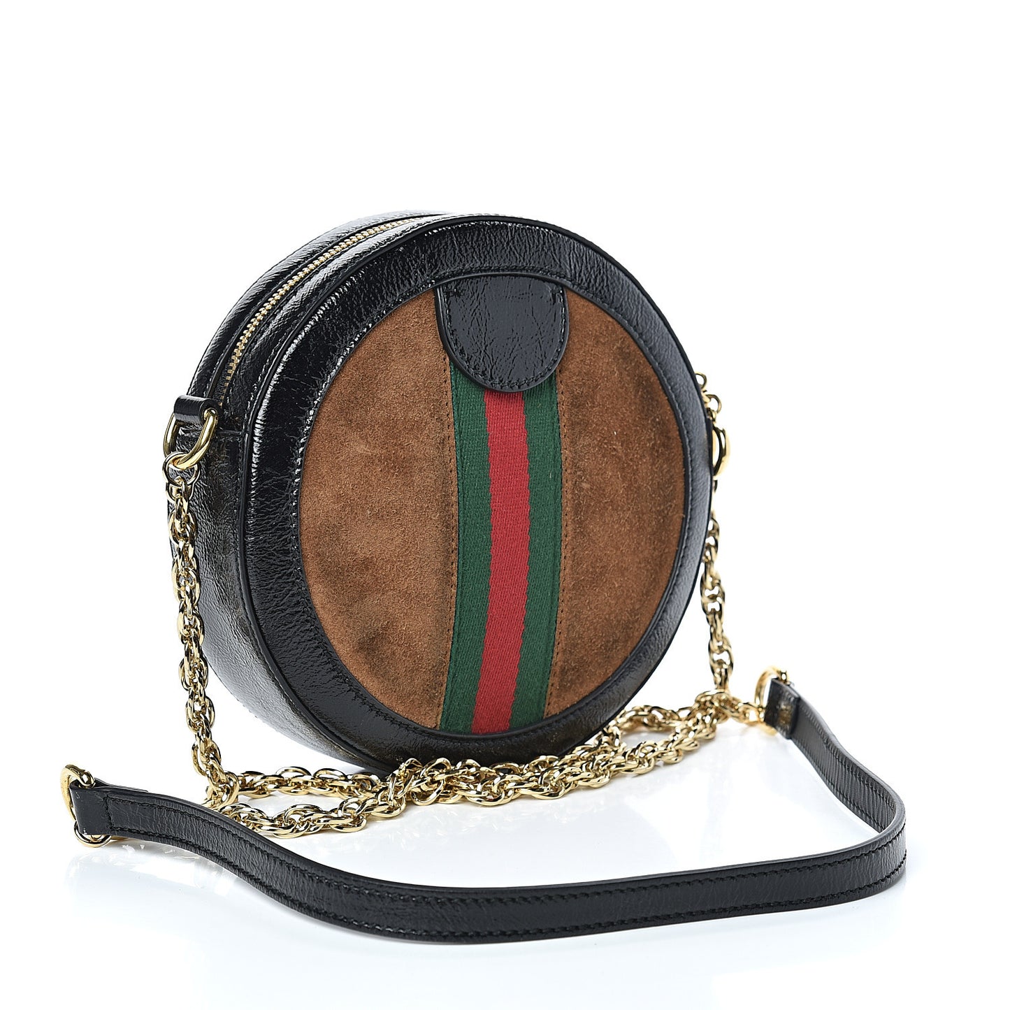 Suede Patent Web Mini Ophidia Round Shoulder Bag Nocciola Black