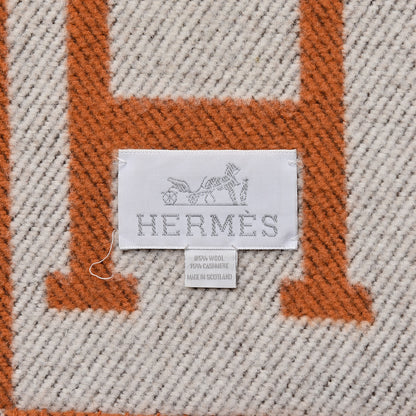 Hermes Wool Cashmere Signature Classic Avalon Blanket Ecru Potiron 3 of 5