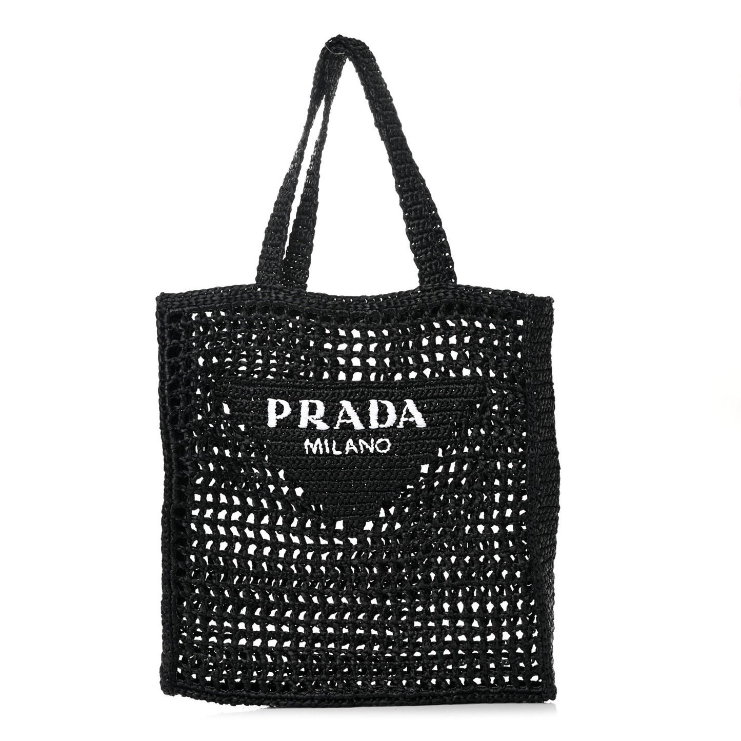 Yarn Raffia Effect Crochet Logo Embroidered Tote Bag Black