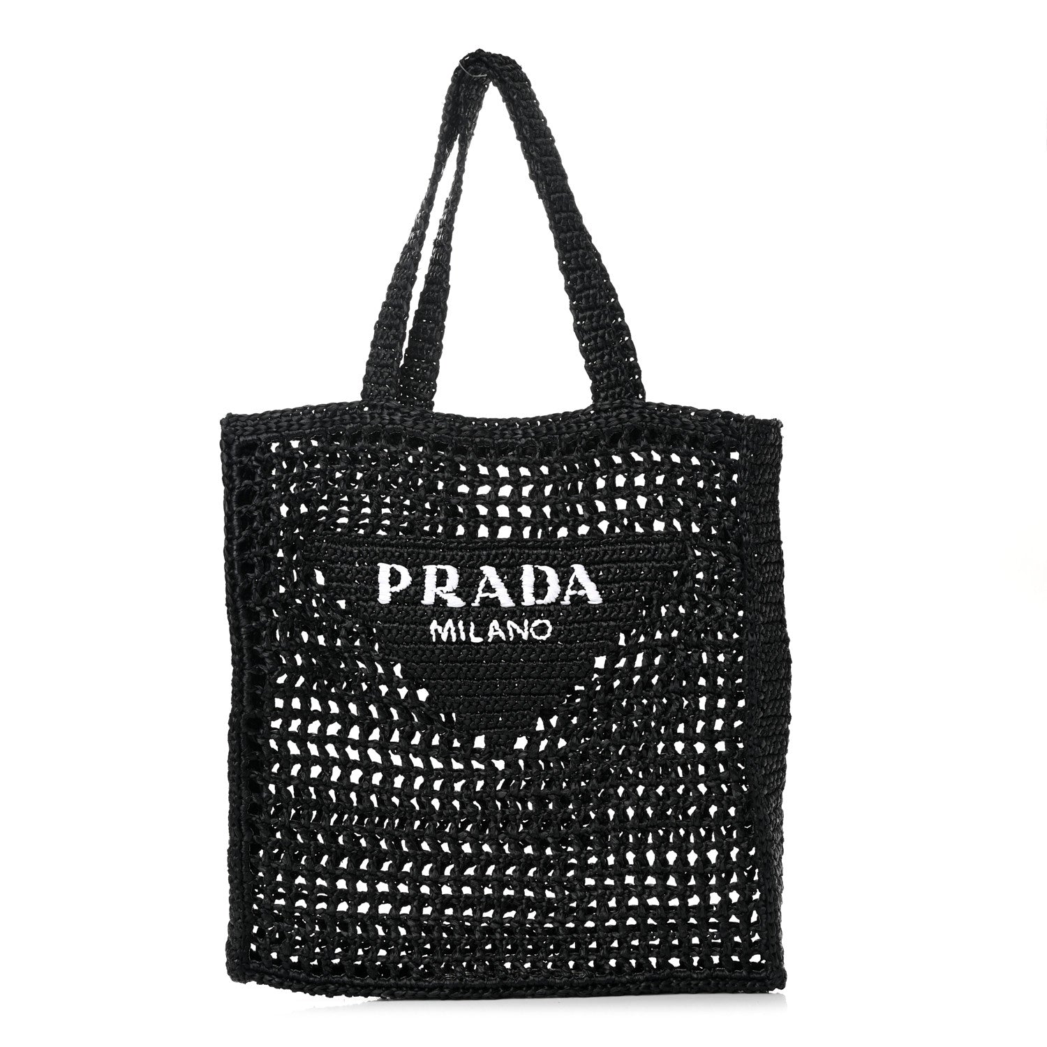 Prada Yarn Raffia Effect Crochet Logo Embroidered Tote Bag Black 1 of 11