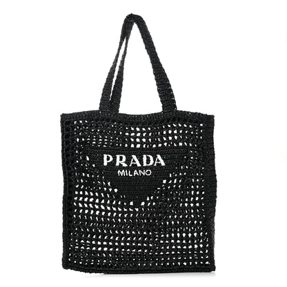 Prada Yarn Raffia Effect Crochet Logo Embroidered Tote Bag Black 1 of 11