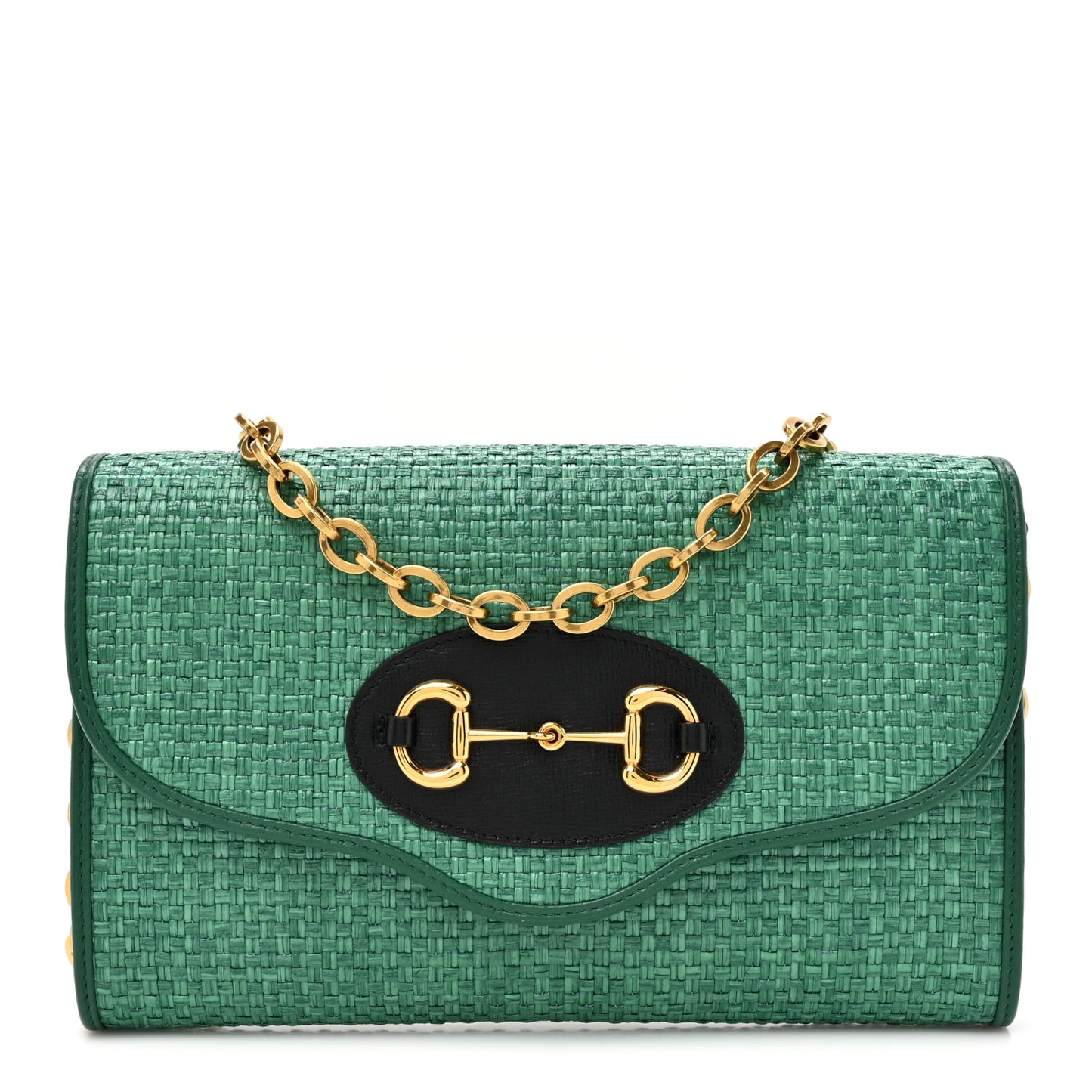 Straw Azalea Calfskin Mini Horsebit 1955 Chain Shoulder Bag Green Black