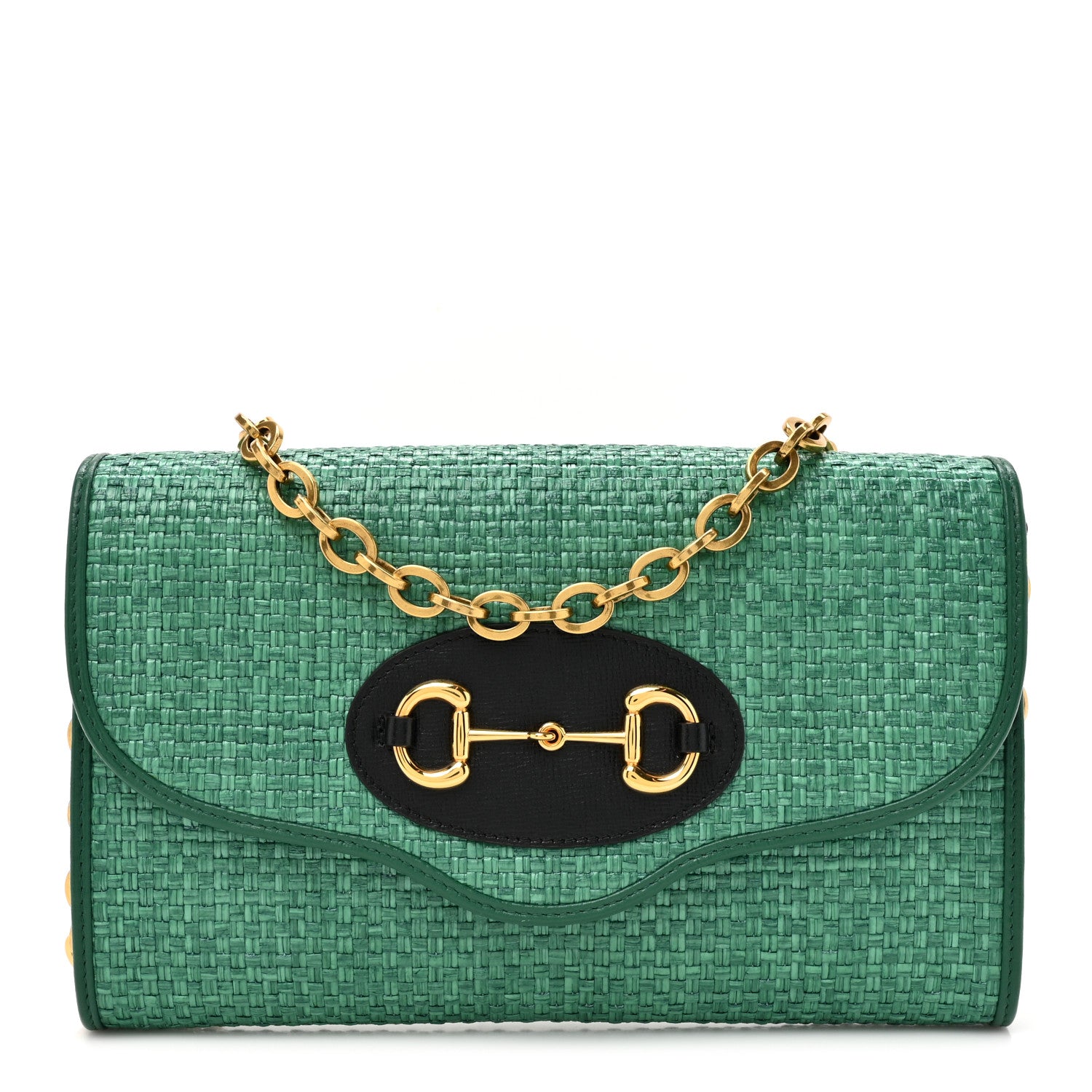Gucci Straw Azalea Calfskin Mini Horsebit 1955 Chain Shoulder Bag Green Black 1 of 11