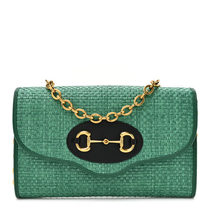 Gucci Straw Azalea Calfskin Mini Horsebit 1955 Chain Shoulder Bag Green Black 1 of 11