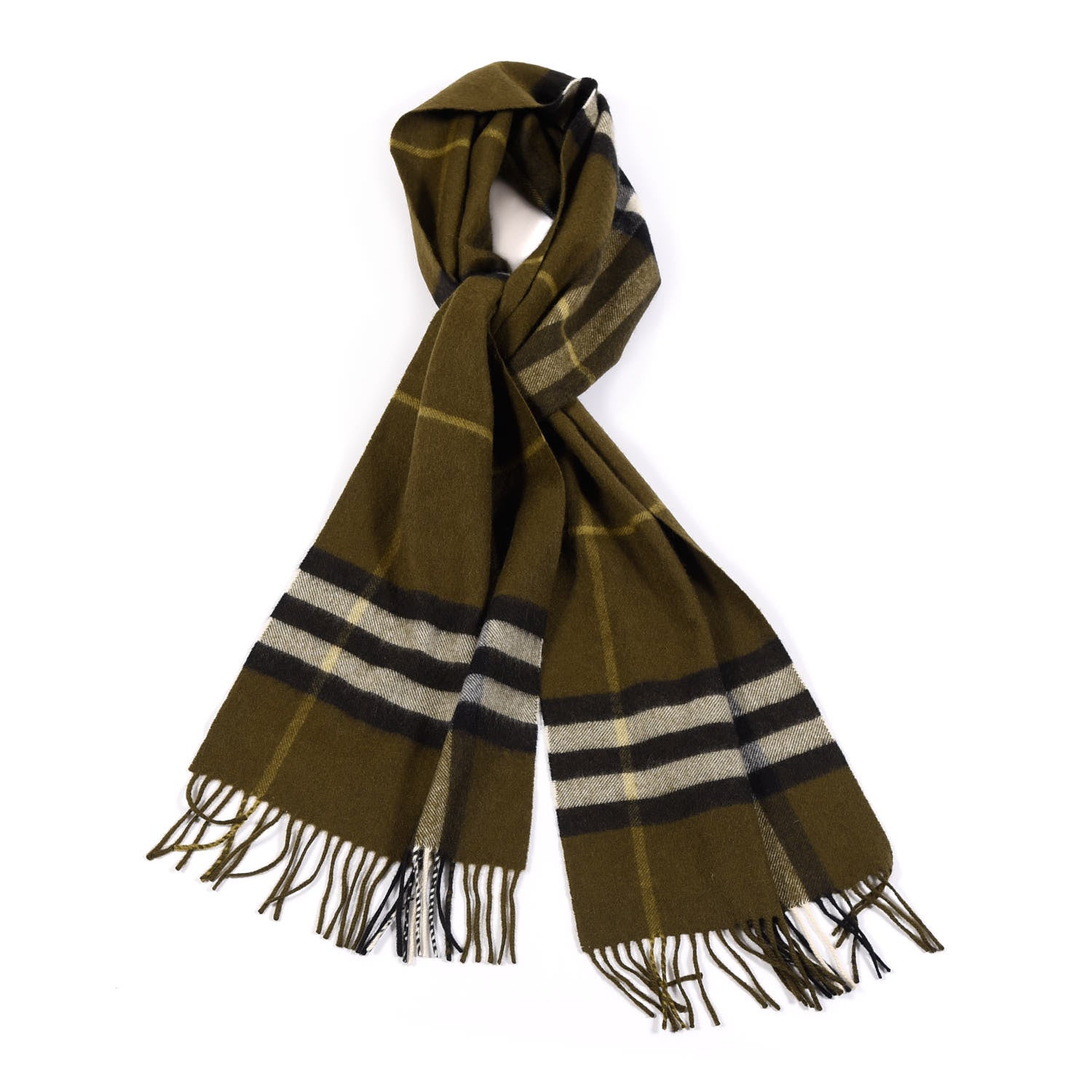 Burberry Cashmere Giant Check Fringe Scarf Olive Green 1 of 3
