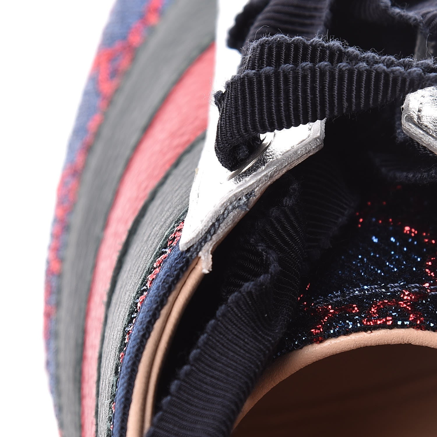 Gucci Lurex Calfskin Web GG Monogram Womens Falacer Sneakers 38.5 Iridescent Blue Iridescent Red Silver 13 of 14