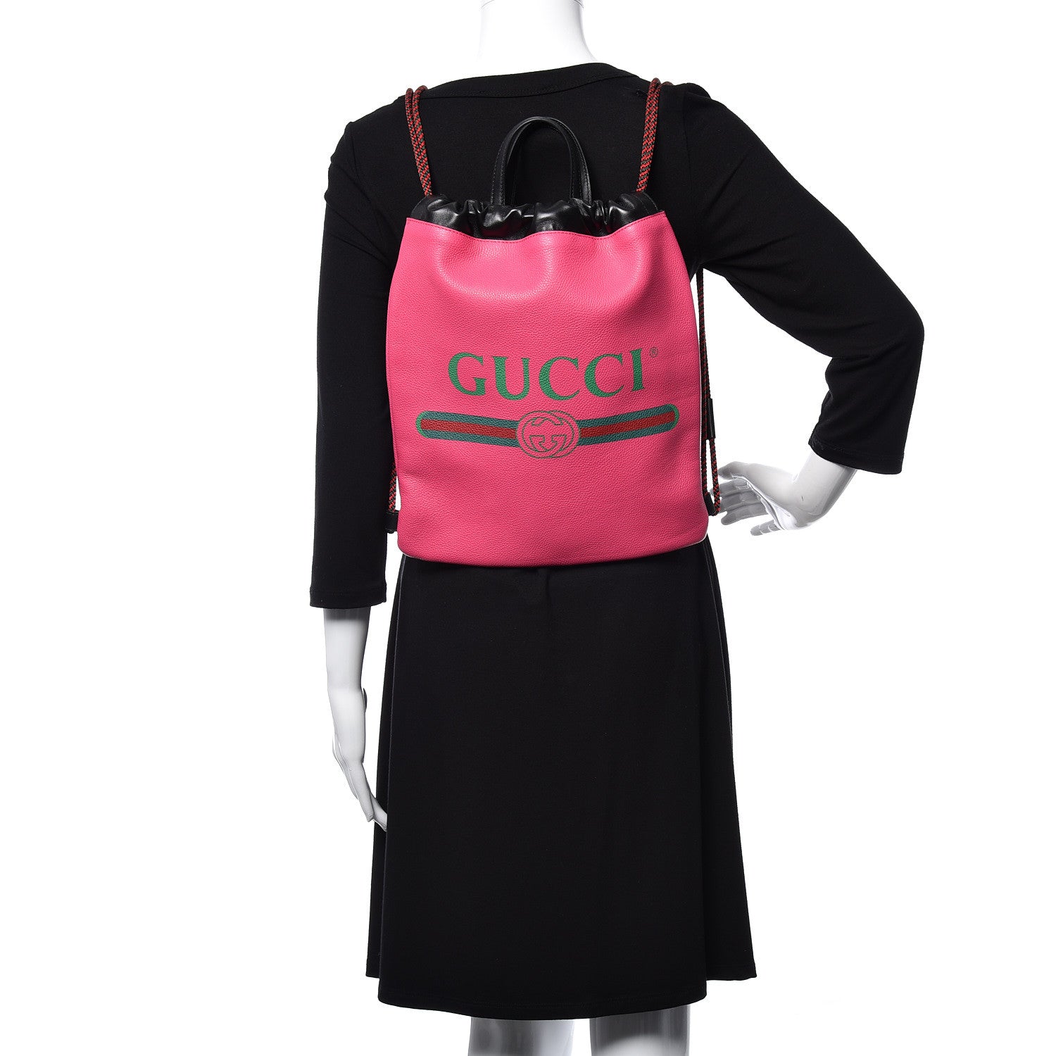 Gucci Grained Calfskin Logo Drawstring Backpack Box Pink Green Black 2 of 13