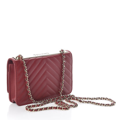 Chanel Lambskin Chevron Quilted Tendy CC Wallet On Chain WOC Dark Red 3 of 10