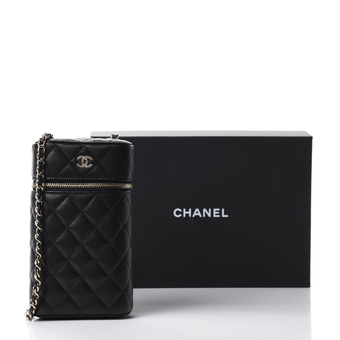 Caviar Quilted Phone Holder With Chain Black