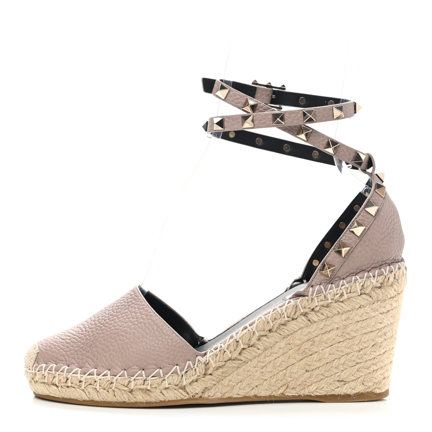 Grained Calfskin Rockstud Ankle Wrap Espadrille 15/85mm Wedges 39 Poudre Natural