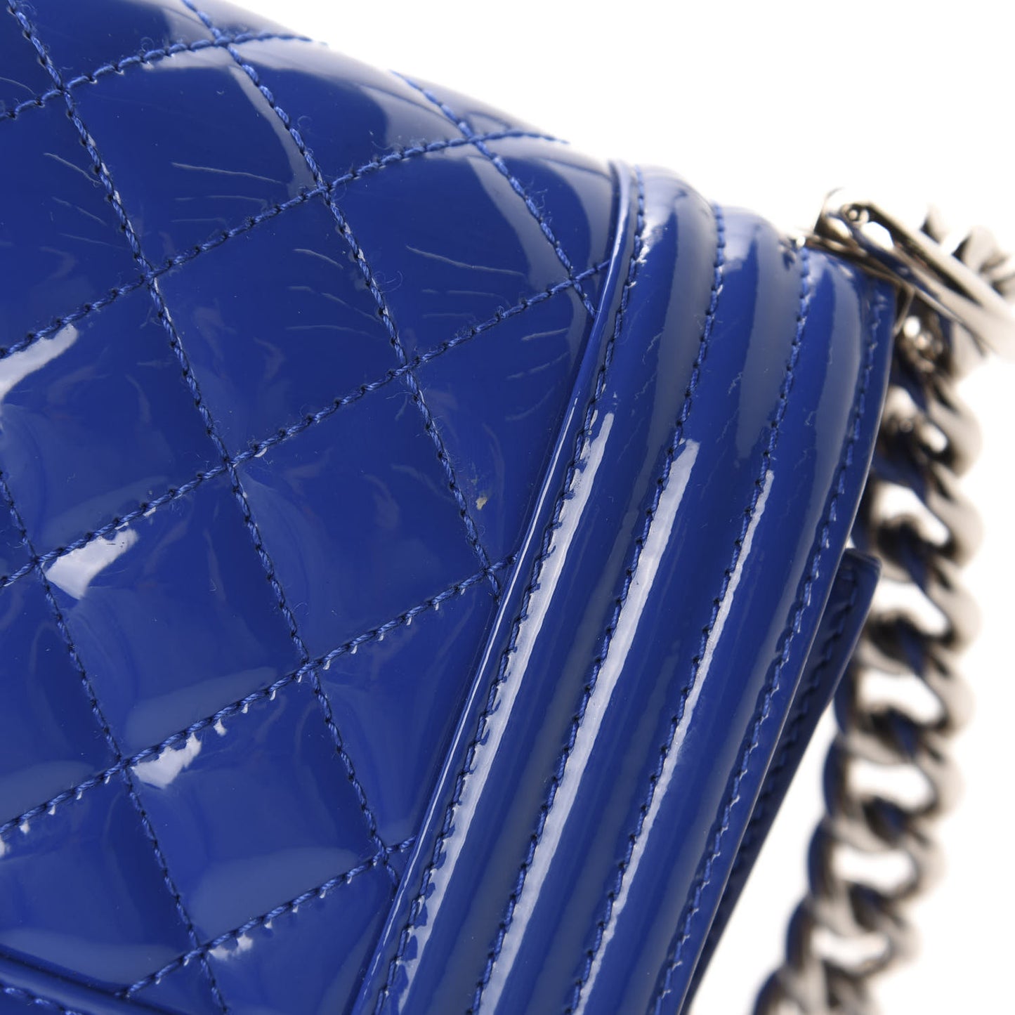 Patent Calfskin Quilted Small Plexiglass Boy Flap Blue