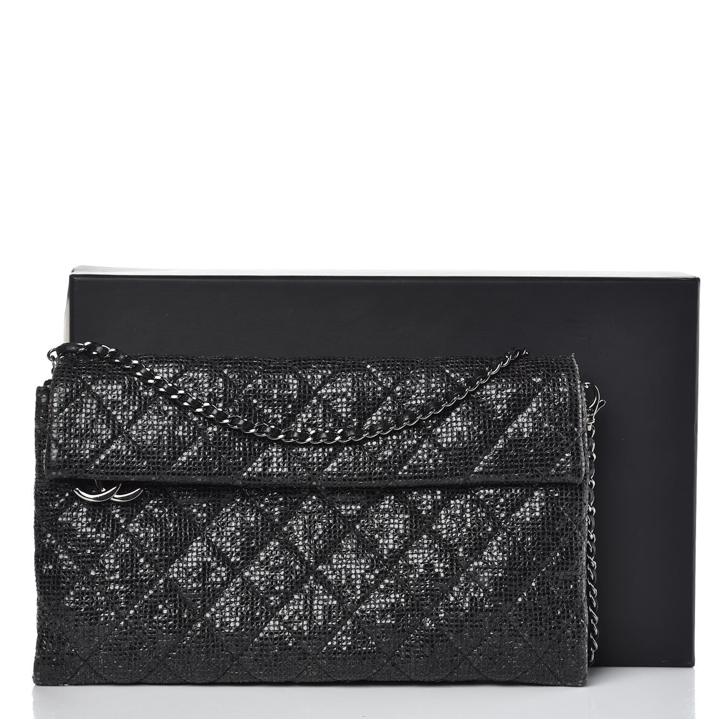 Iridescent Vinyl Quilted Clutch With Chain Black