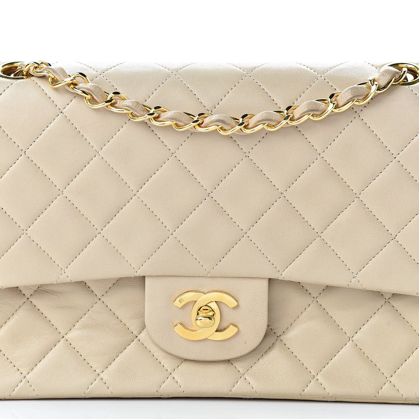 Lambskin Quilted Medium Double Flap Beige