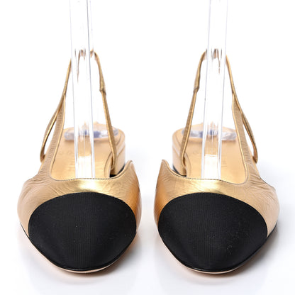Chanel Laminated Lambskin Grosgrain Cap Toe CC Slingback Flats 37.5 Gold Black 2 of 8