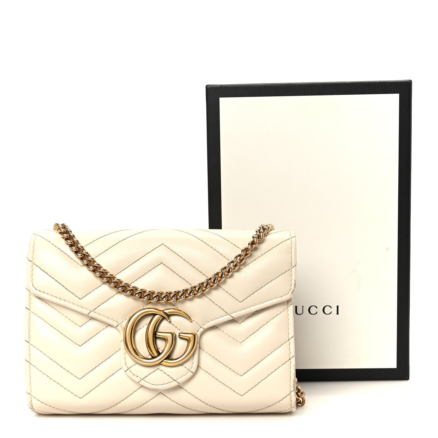 Gucci Calfskin Matelasse GG Marmont Chain Wallet Mystic White