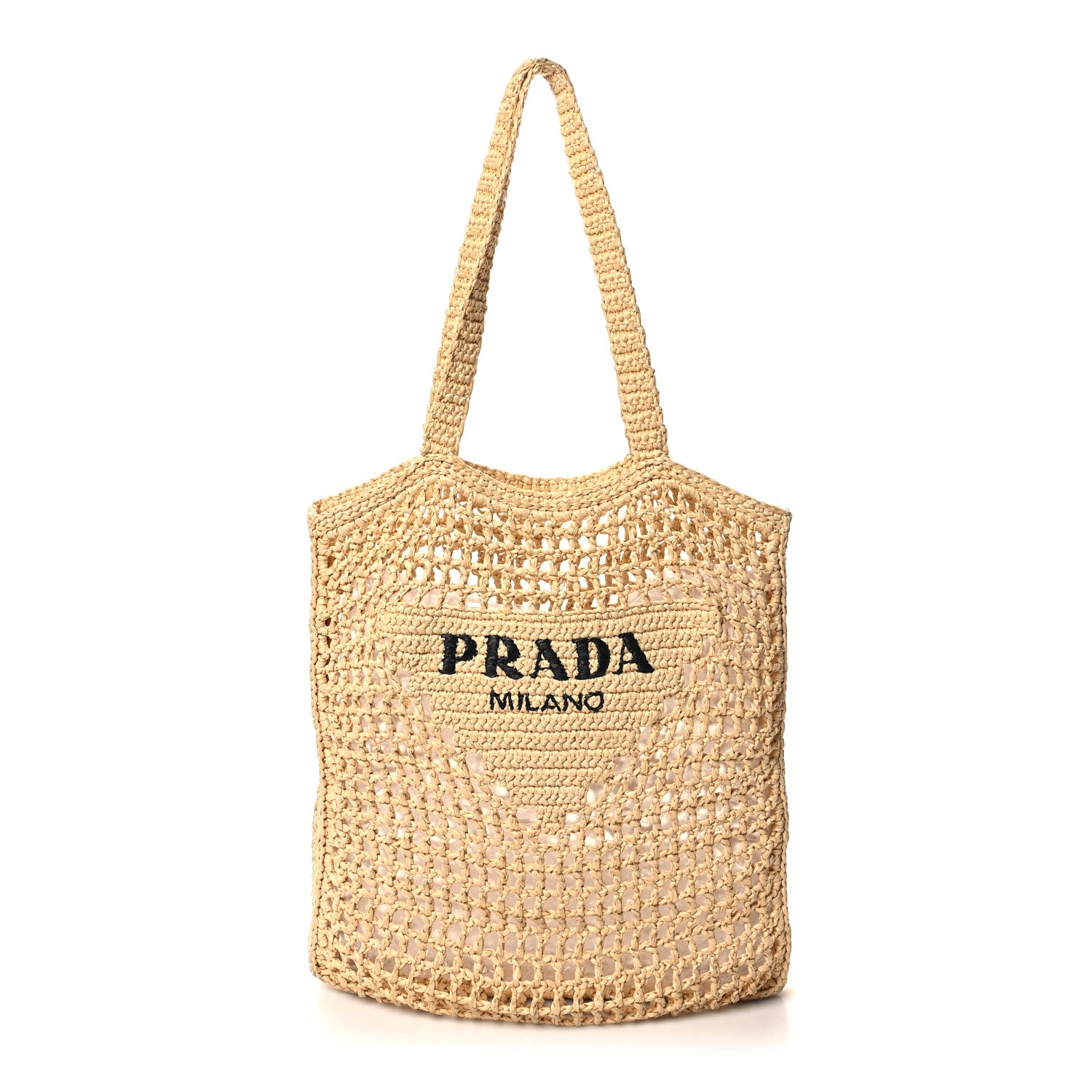 Prada Yarn Raffia Effect Crochet Logo Embroidered Tote Bag Naturale 1 of 10