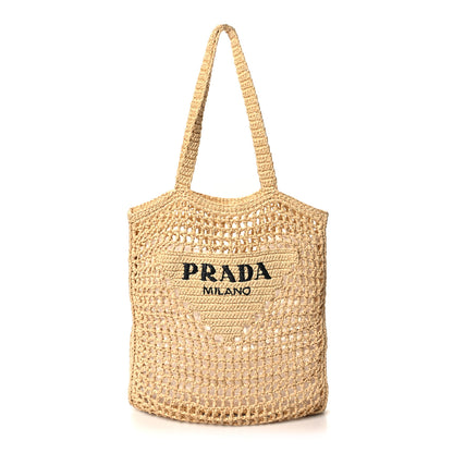 Prada Yarn Raffia Effect Crochet Logo Embroidered Tote Bag Naturale 1 of 10