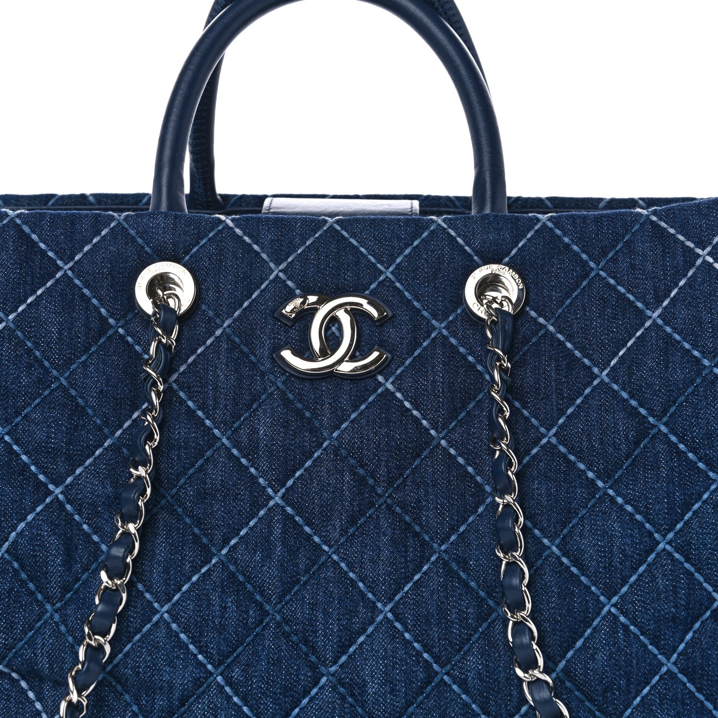 Denim Quilted Large Coco Handle Shopping Tote Blue
