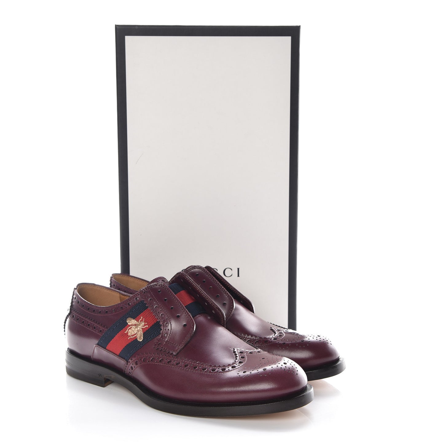 Calfskin Web Bee Embroidered Mens Slip-On Brogue Wingtip Derby Shoes 6.5 Bordeaux