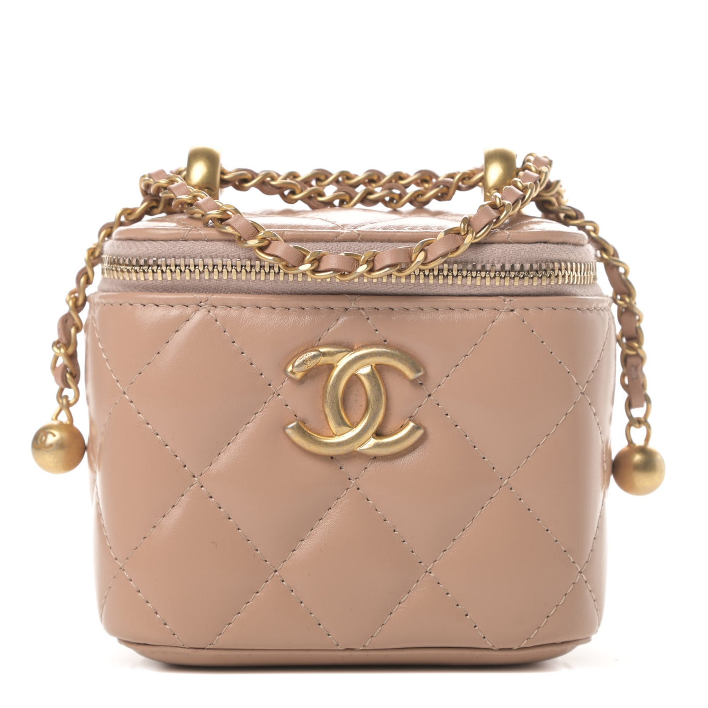 Calfskin Quilted Mini Perfect Fit Vanity Case With Chain Beige