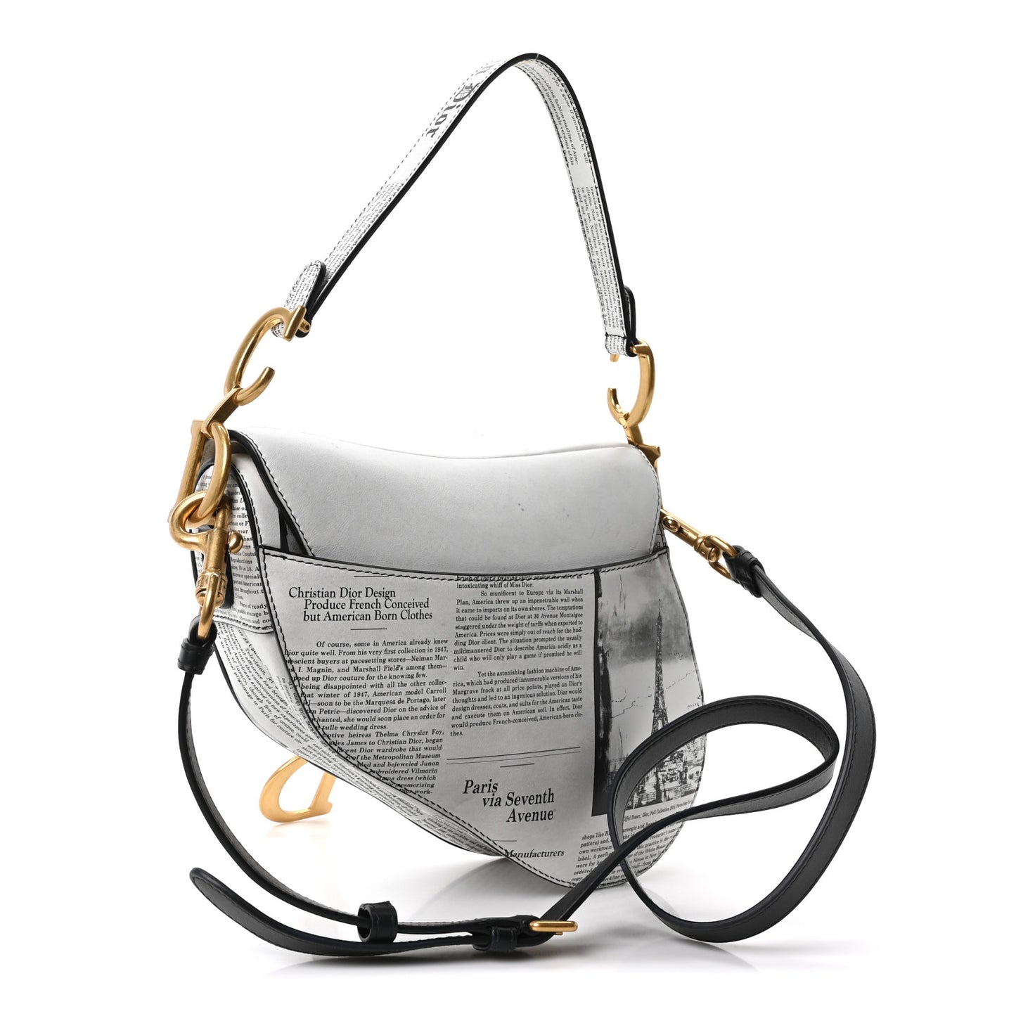 Calfskin Newspaper Printed Saddle Bag With Strap Black White