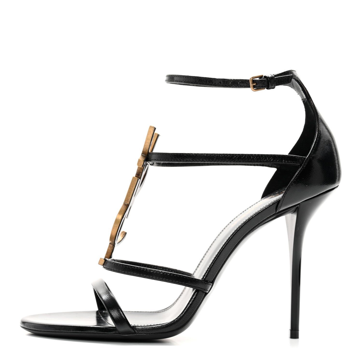 Saint Laurent Patent Cassandra 100 Ankle Strap Sandals 39 Black Gold 1 of 9