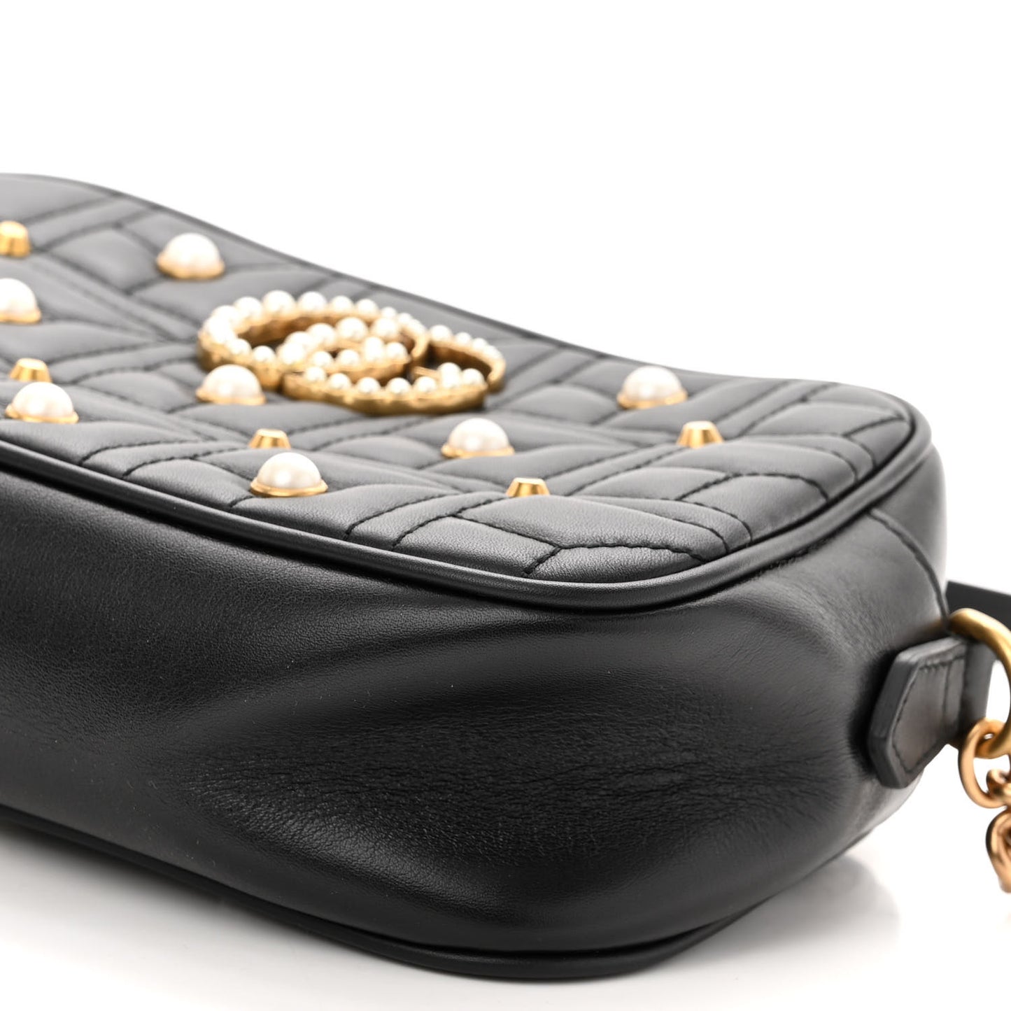 Calfskin Matelasse Studded Small Pearly GG Marmont Chain Shoulder Bag Black