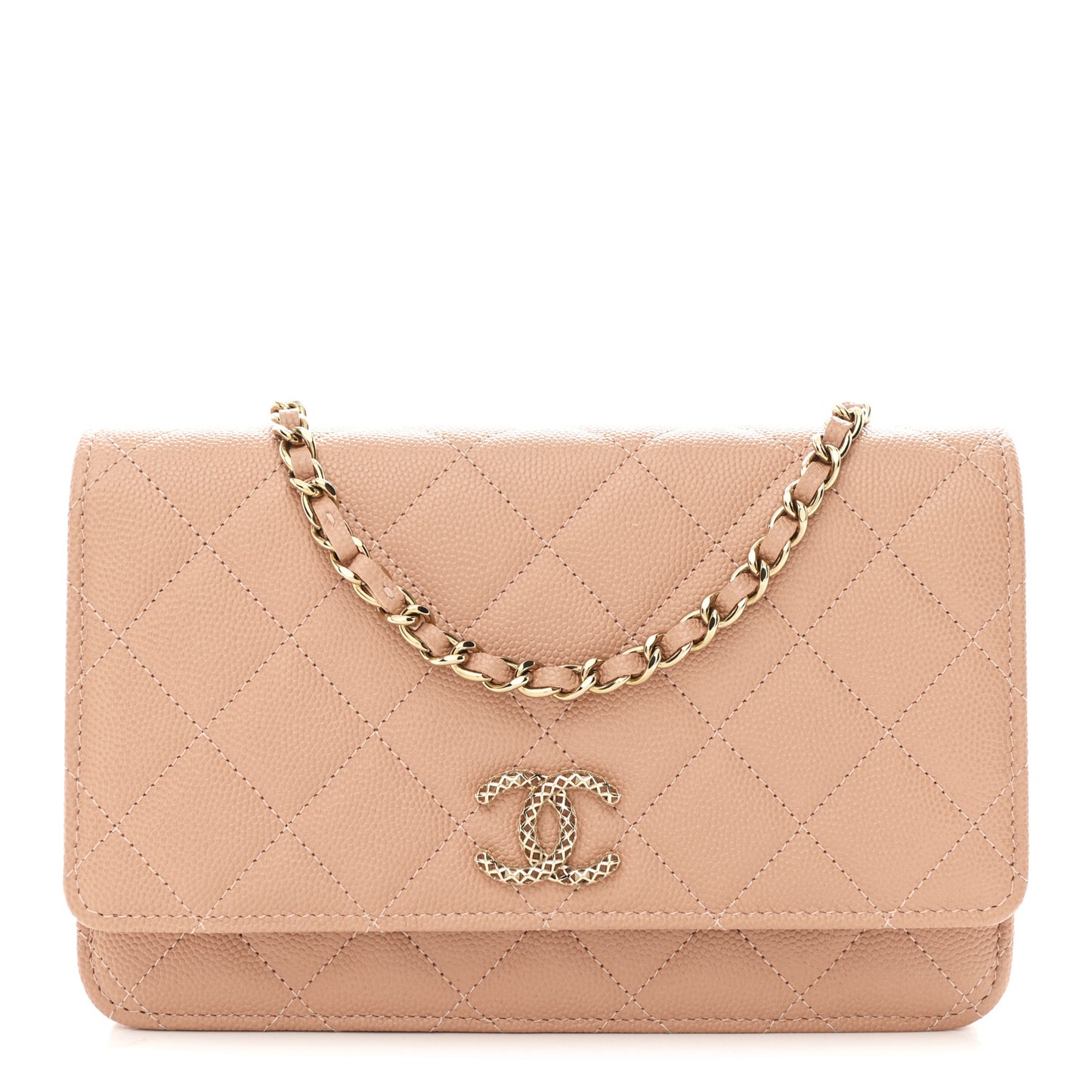 Caviar Quilted Perforated Metal CC Wallet On Chain WOC Beige