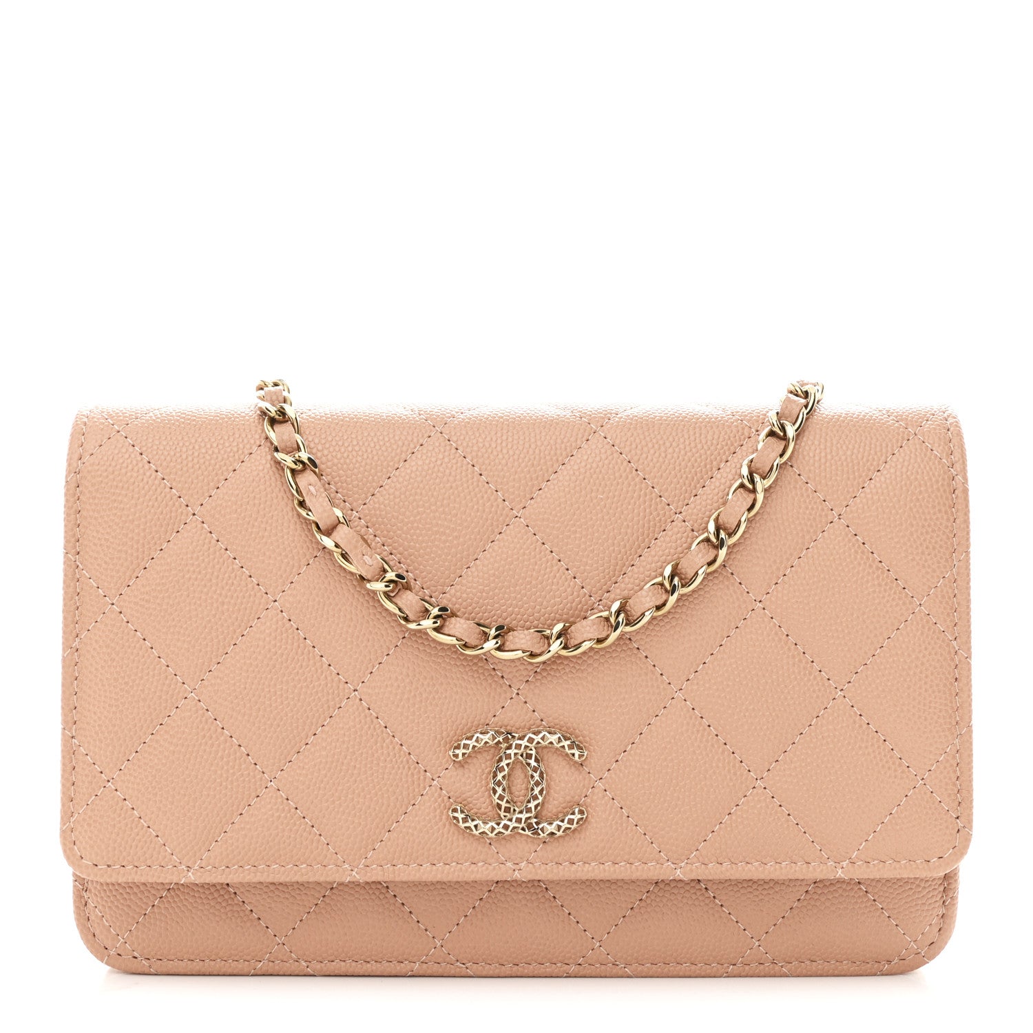 Chanel Caviar Quilted Perforated Metal CC Wallet On Chain WOC Beige 1 of 11