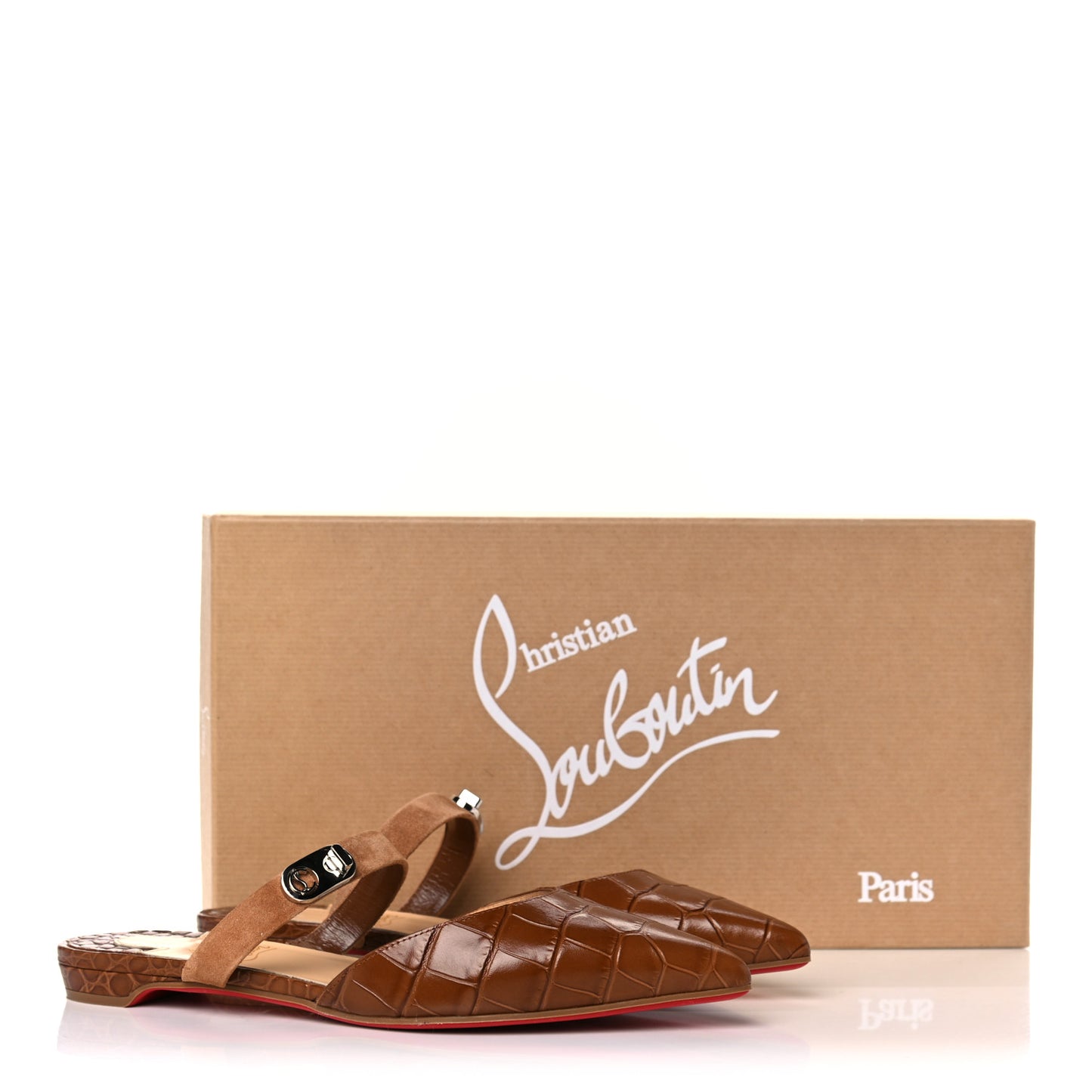 Calfskin Crocodile Embossed Choc Lock Flats 36 Biscotto
